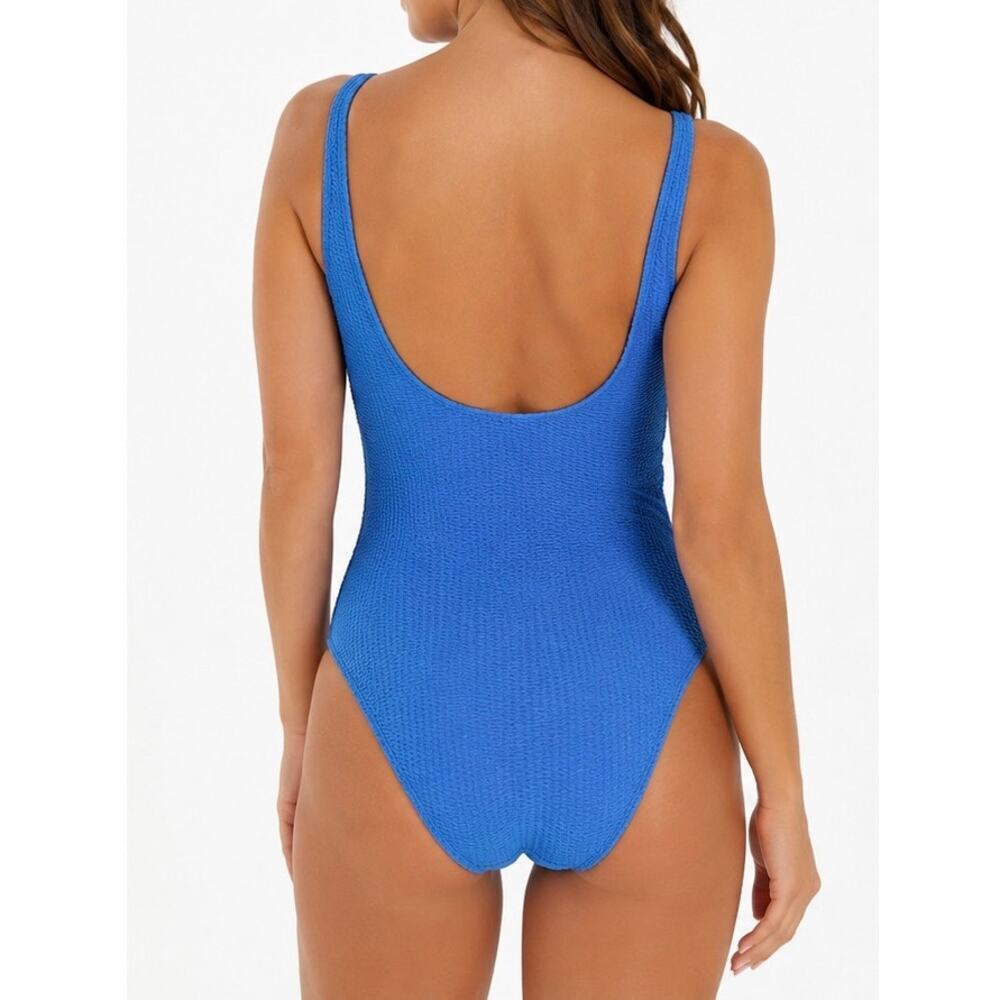 Textured Crinkle One Piece Swimsuit Blue Scoop Neck Sz Medium - Picture 3 of 7